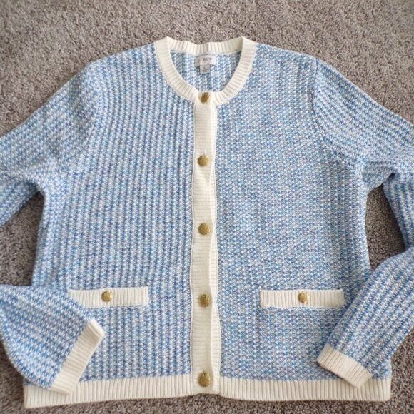 NWT J crew blue and white tweed cardigan L - Picture 3 of 10